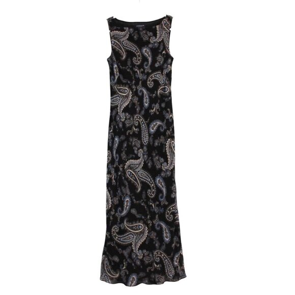Vintage Y2K Maxi Dress 8 Petite 100% Silk Navy Paisley Grunge Flowy Retro 90s - Picture 1 of 11